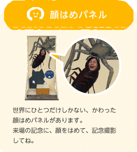 顔はめパネル:世界にひとつだけしかない、かわった顔はめパネルがあります。来場の記念に、顔をはめて、記念撮影してね。